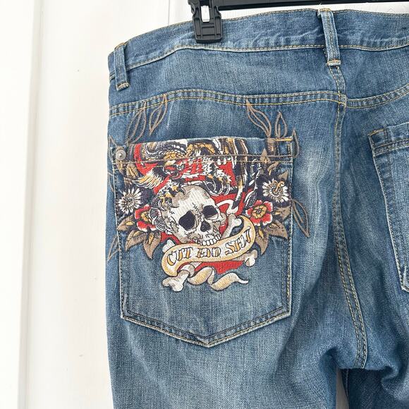 Marc Ecko Vintage Y2K Standard Embroidered Pocket Cut & Sew Skull Denim Jeans 38 - Picture 7 of 11
